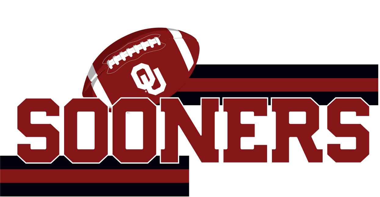 Logo of the Oklahoma Sooners football team, featuring a brown football with a white Oklahoma logo, and the text 'SOONERS' in large red and white letters above a black background with red and white stripes.