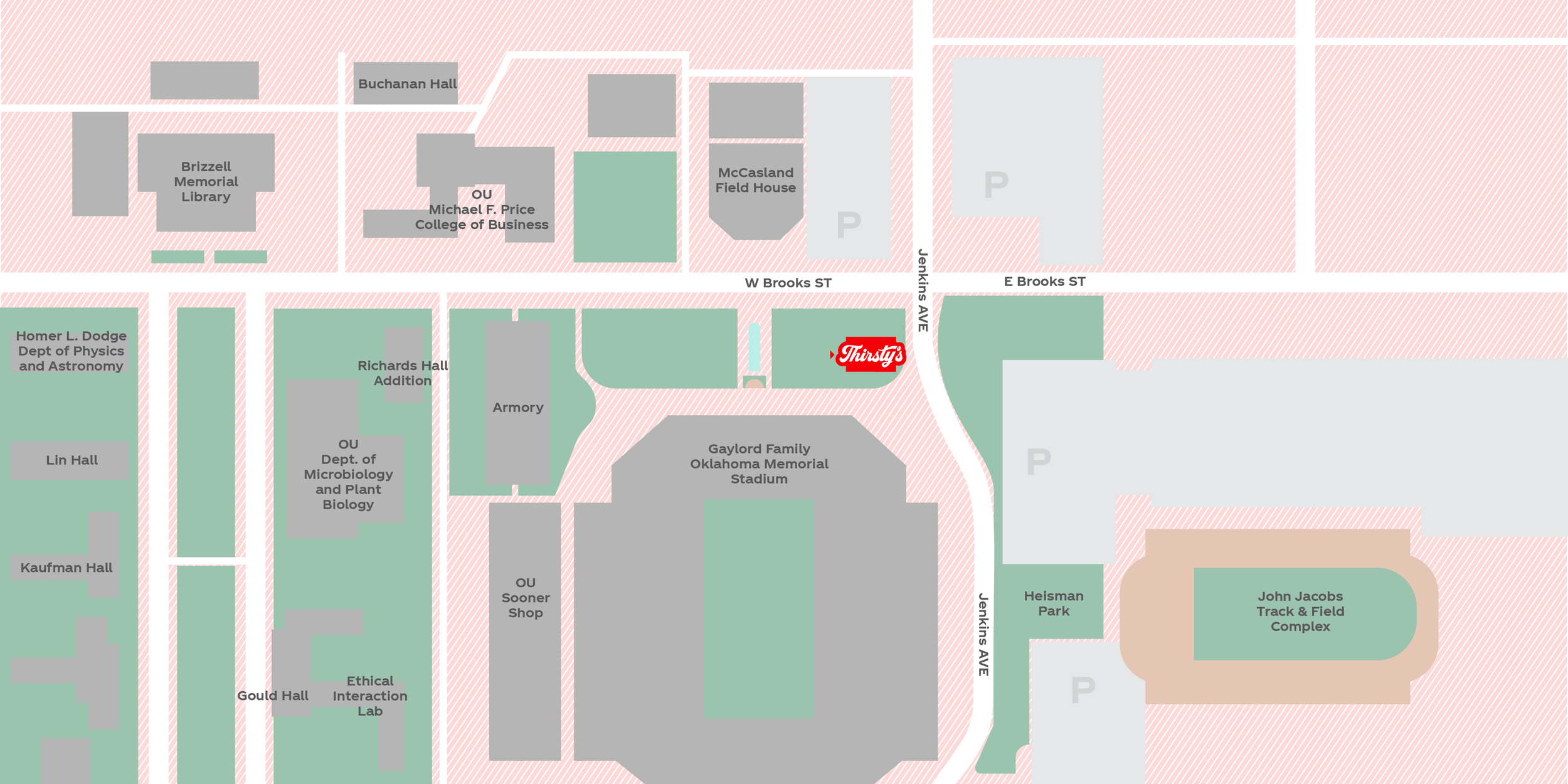 Map of a university campus showing building names, parking areas, streets, and a stadium with a red Thirsty's logo marked.