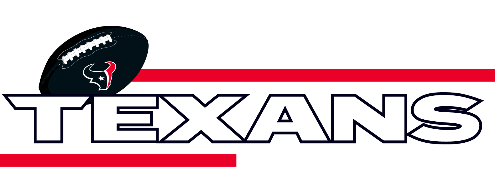 Houston Texans logo with a stylized football and the team's name in bold letters, red, white, and navy colors.