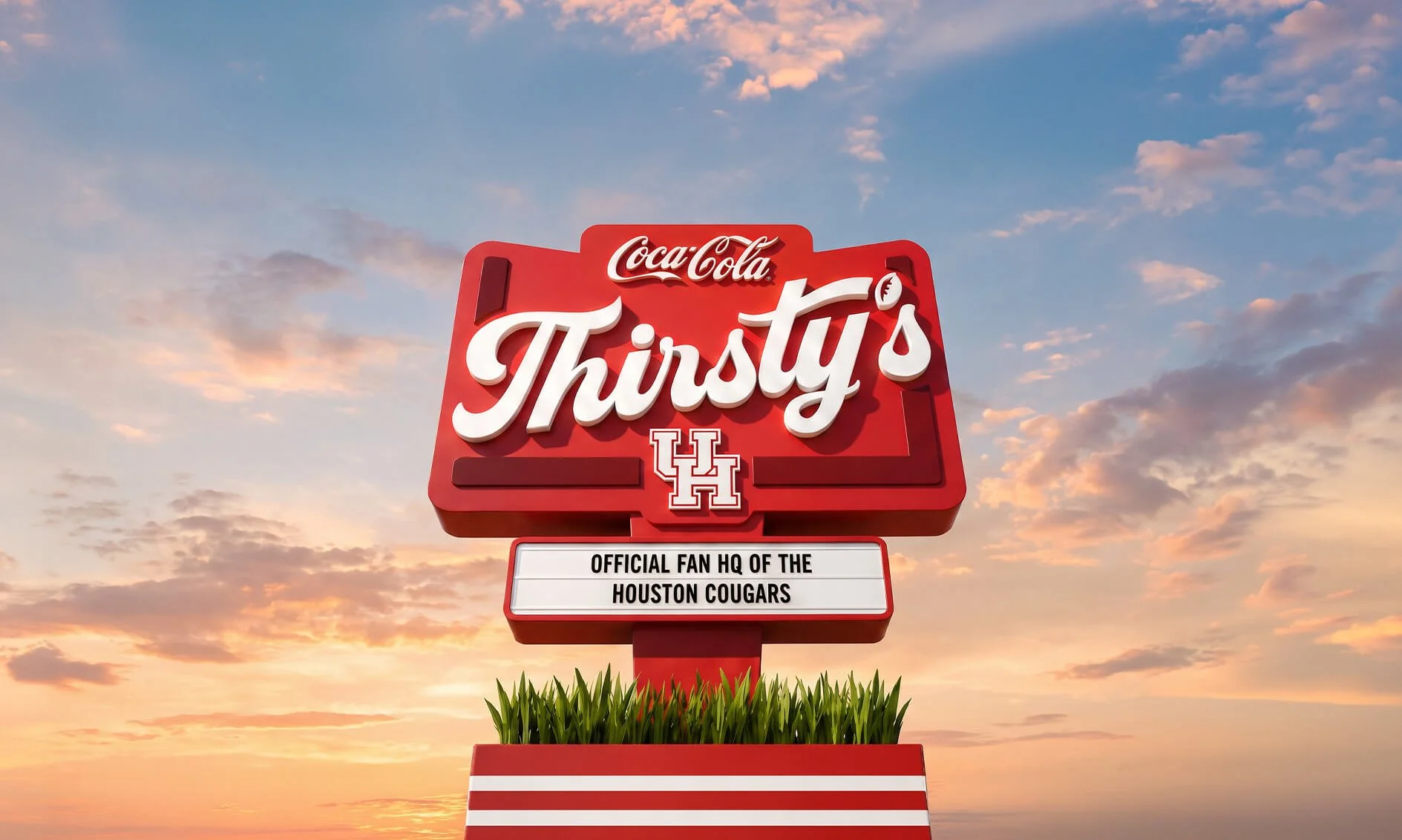 Sign for Coca-Cola Thirsty's, with Houston Cougars logo, under a sunset sky, and a message about being the official fan headquarters.