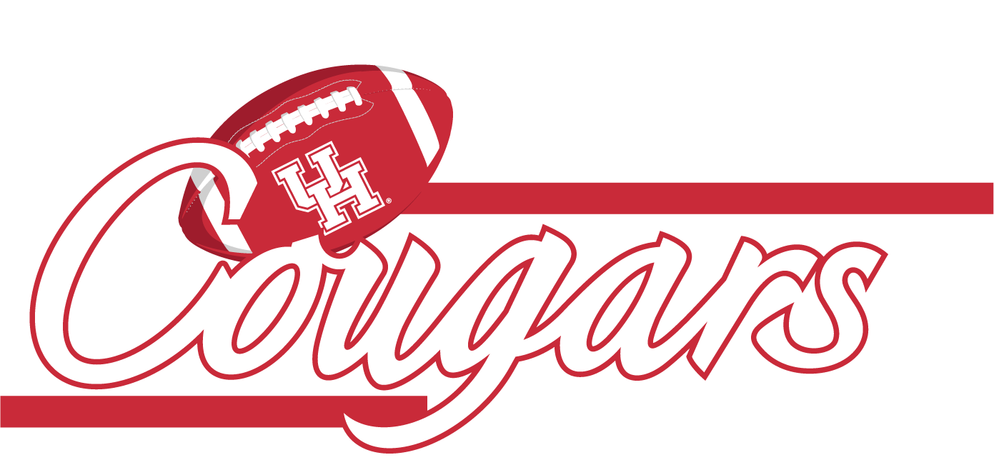Houston Cougars logo with a red football featuring the university’s ‘H’ emblem, and stylized black, red, and white text reading 'Cougars Houston'.