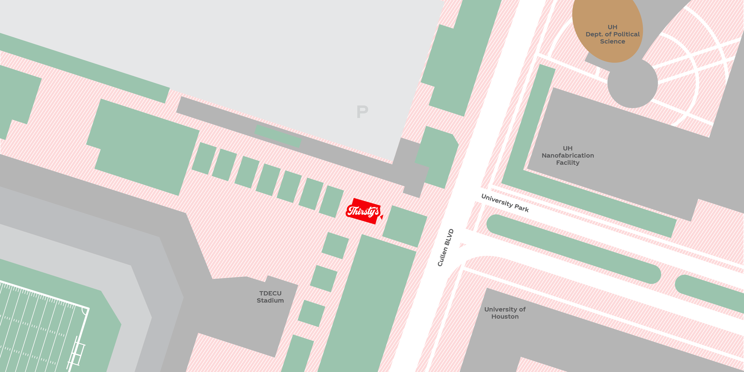 Map showing a university campus with buildings, parking zones, and a Thirsty's location marked in red near Cullen Blvd.