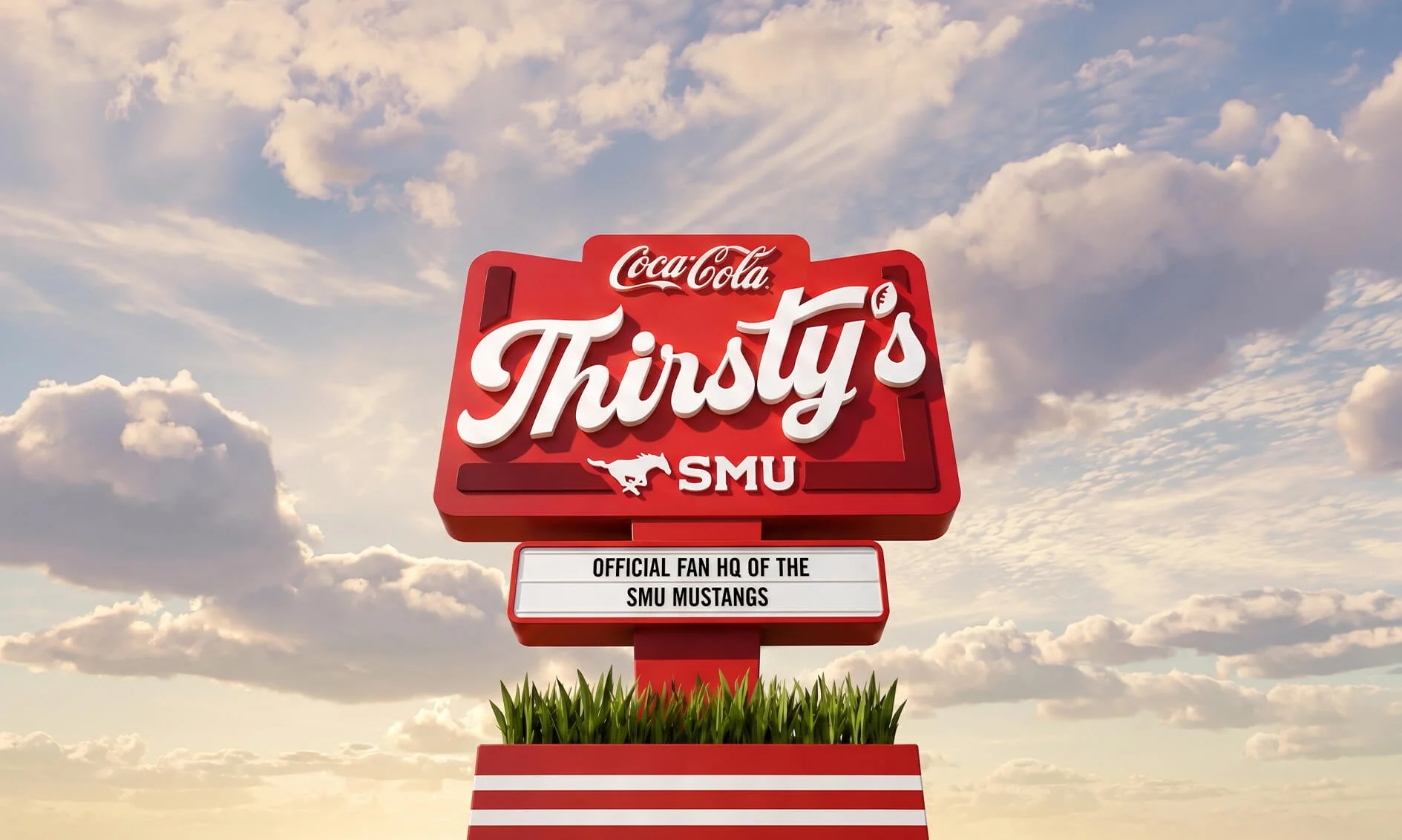 A large red sign for Thirsty's, a fan headquarters for the SMU Mustangs, with a grassy base and a partly cloudy sky in the background.