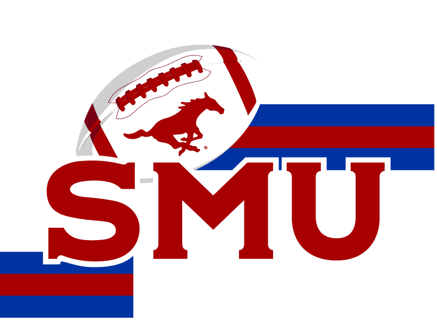 SMU Mustangs football logo with a red mustang horse and a football on a black background with red and blue stripes.