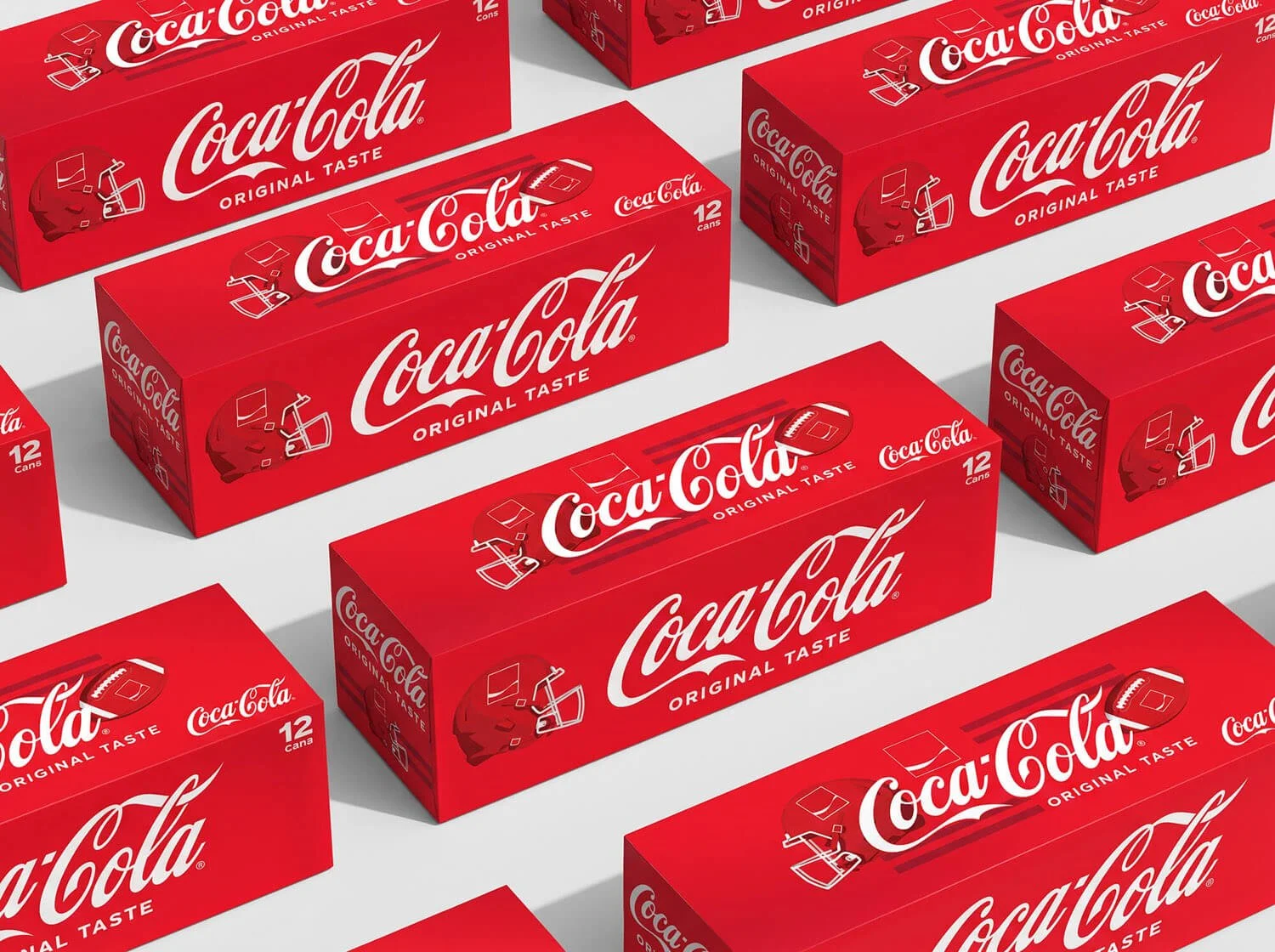 Multiple red Coca-Cola six-pack soda boxes arranged in a grid pattern on a white background, with the Coca-Cola logo and branding visible.
