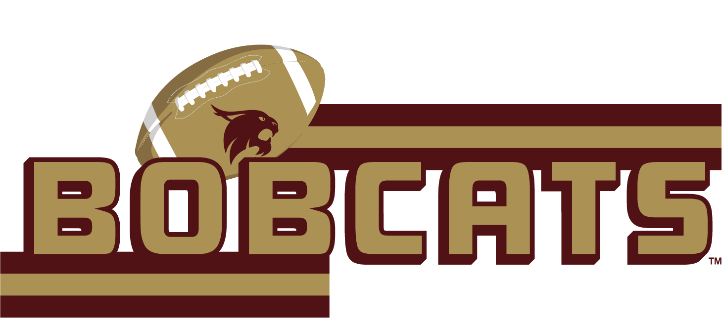 Logo for Bobcats Texas State featuring a football with a bobcat head logo and text in maroon, brown, and white colors.