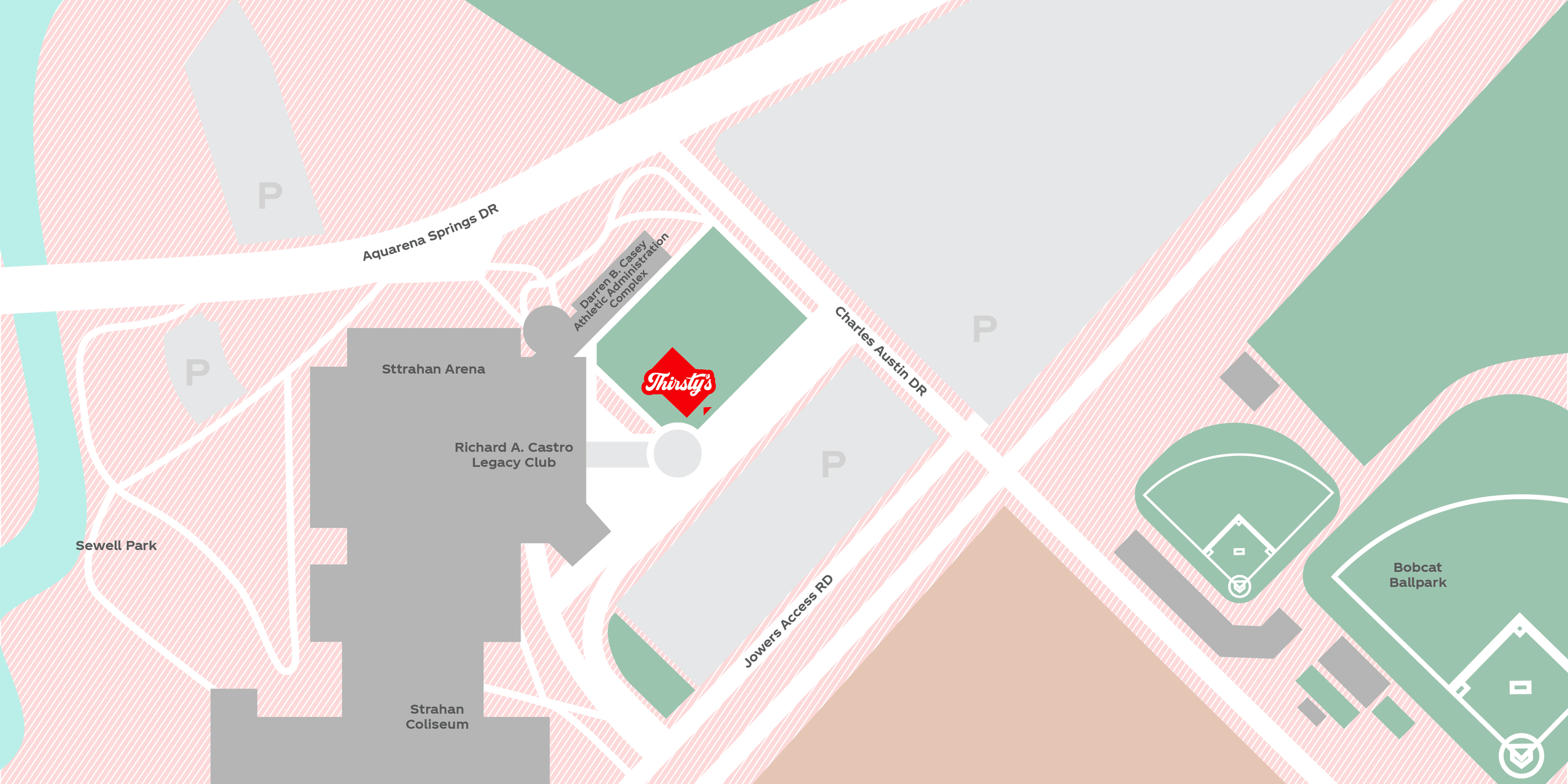Map showing the location of Thirsty's restaurant near Strahan Arena, Richard A. Castro Legacy Club, and Bobcat Ballpark, with surrounding parking areas, roads including Aquarena Springs Dr and Charles Austin Dr, and parks like Sewell Park and the green space near the baseball field.