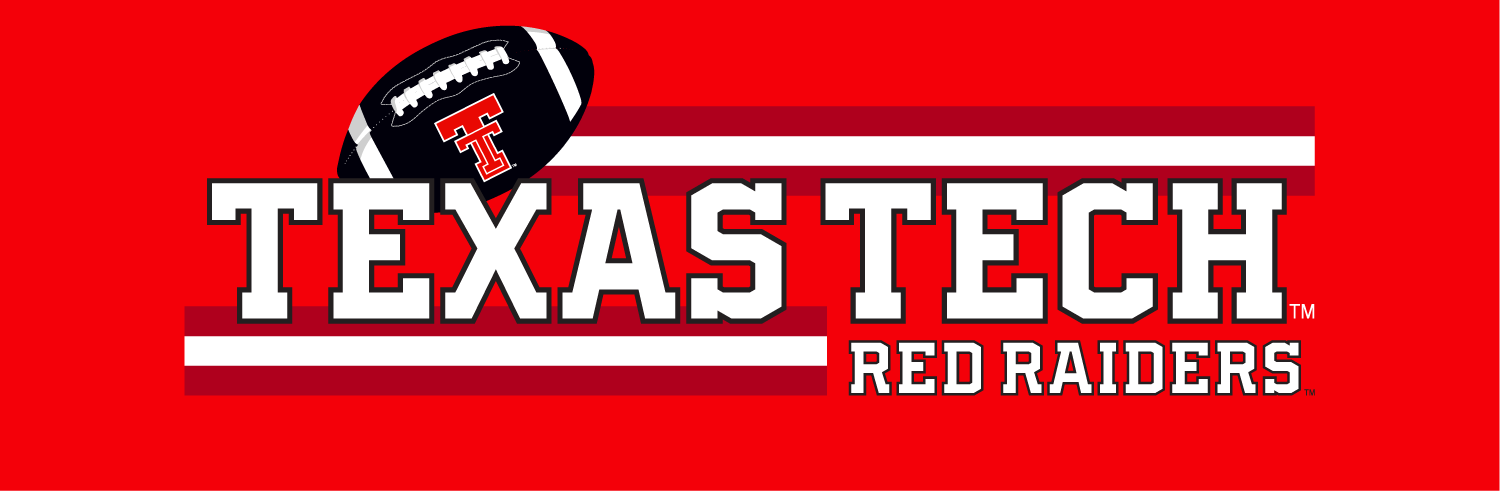 Texas Tech Red Raiders logo with a football above the team name, which is displayed in bold, white block letters on a red background with white and maroon stripes.