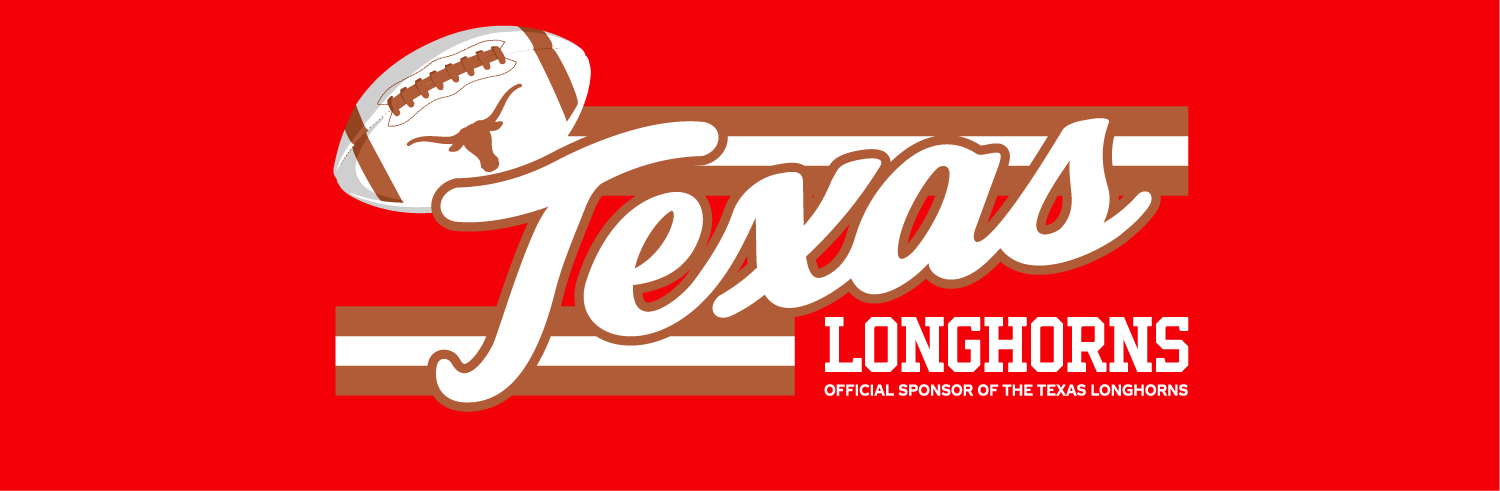 Red background with a logo featuring a football with a longhorn steer silhouette and the word "Texas" in large script, with "LONGHORNS" and smaller text "Official Sponsor of the Texas Longhorns" underneath.
