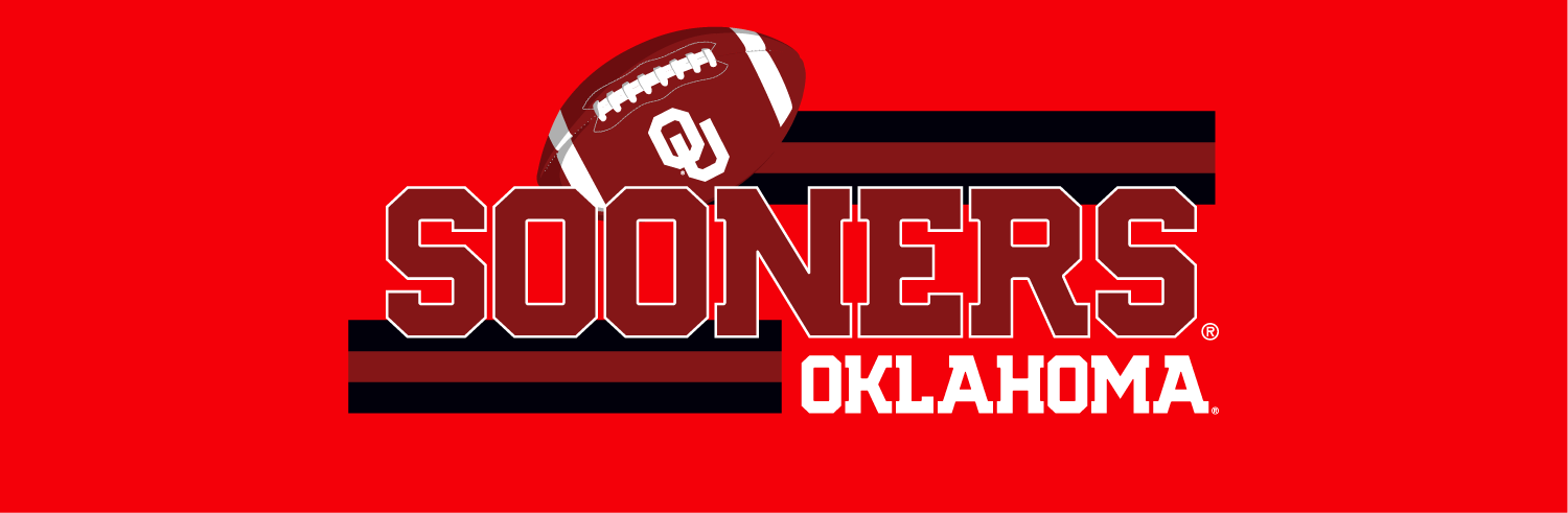 Logo of the Oklahoma Sooners football team with a football above the team name in red, black, and white colors.