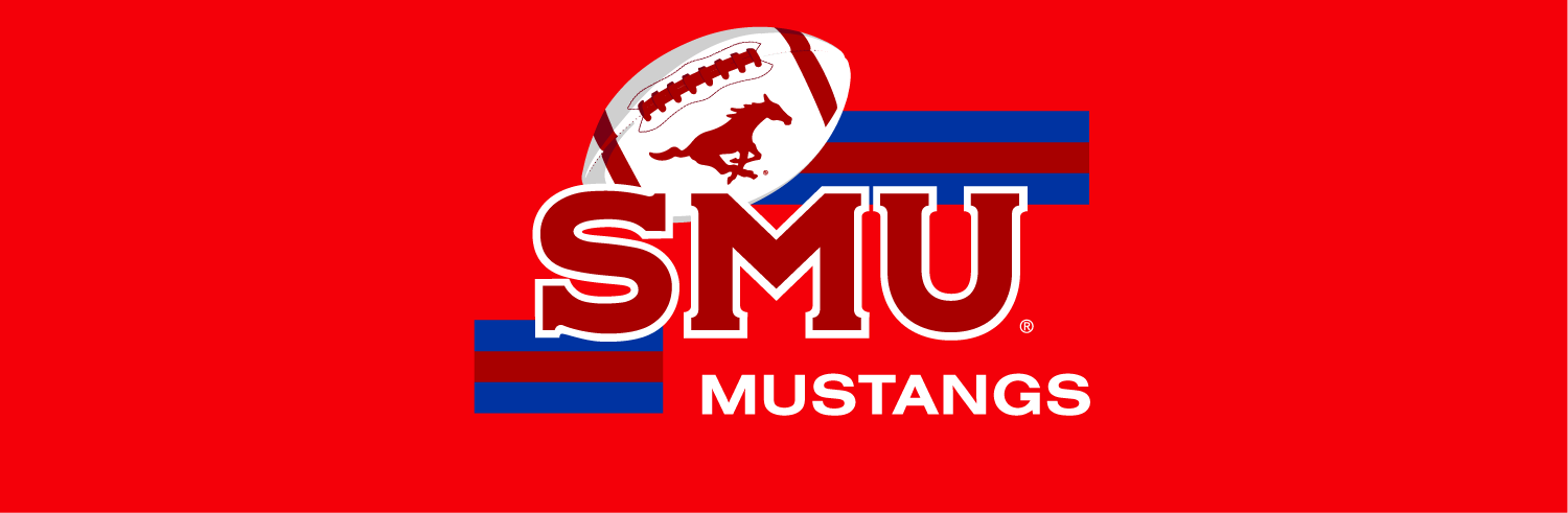 SMU Mustangs logo with a red background, featuring a shield with a football, a horse, and the letters SMU in bold.