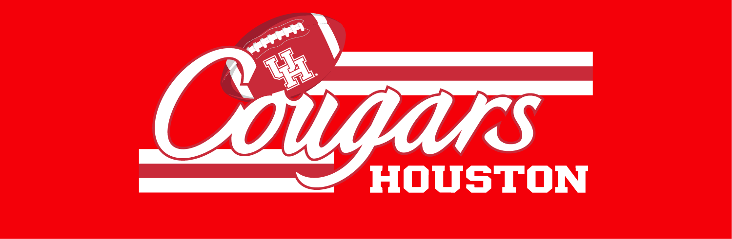 Houston Cougars logo with a football featuring the Houston Cougars emblem on a red background.
