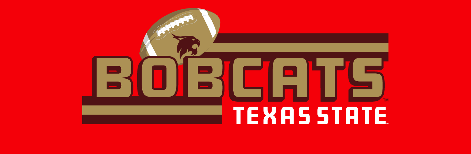 Logo for the Texas State Bobcats featuring a football with a bobcat head logo and bold text.