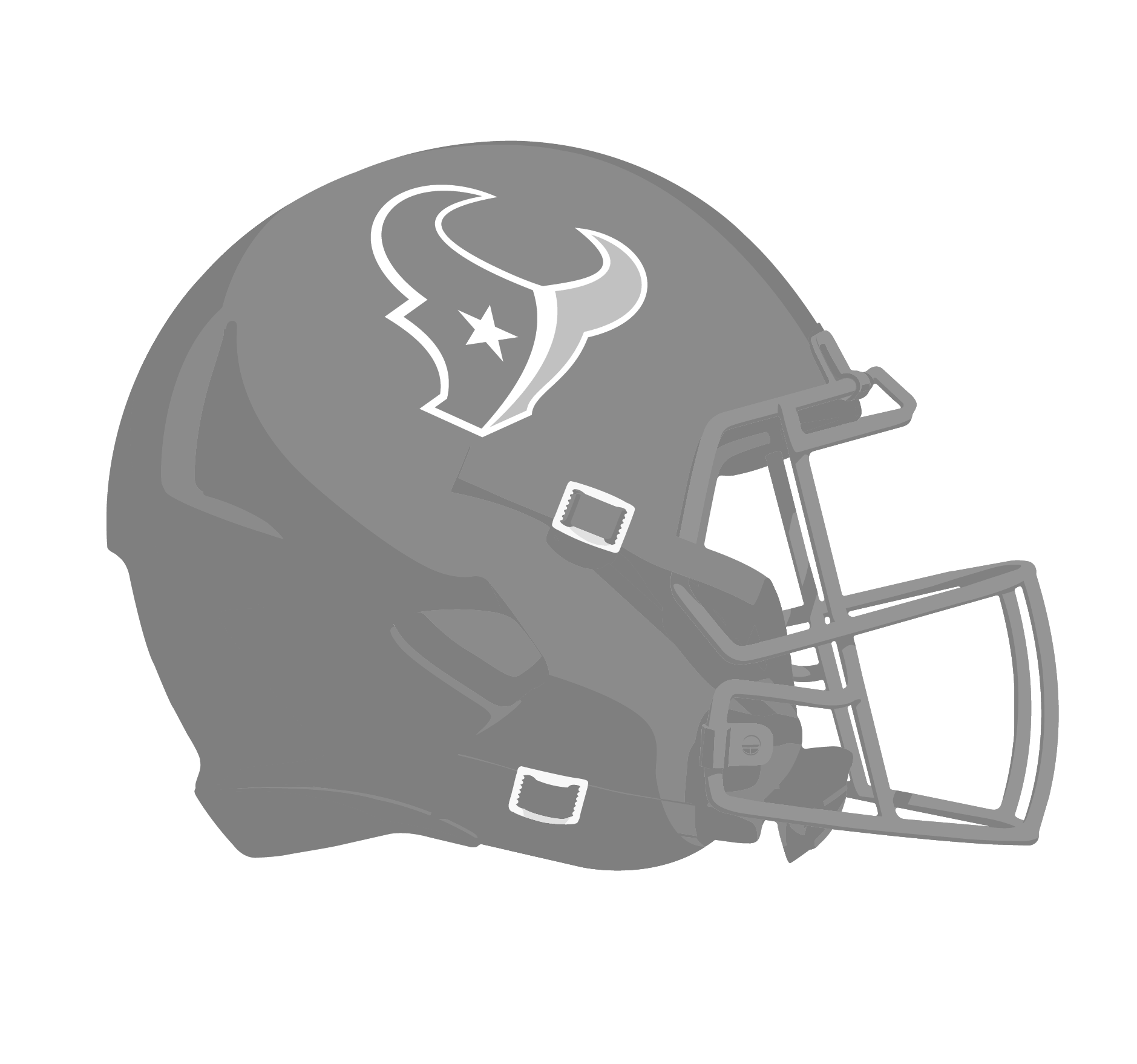 Close-up of a Houston Texans football helmet with the Texans logo featuring a bull's head in blue, red, black, and white. The helmet has a face guard and chin strap.