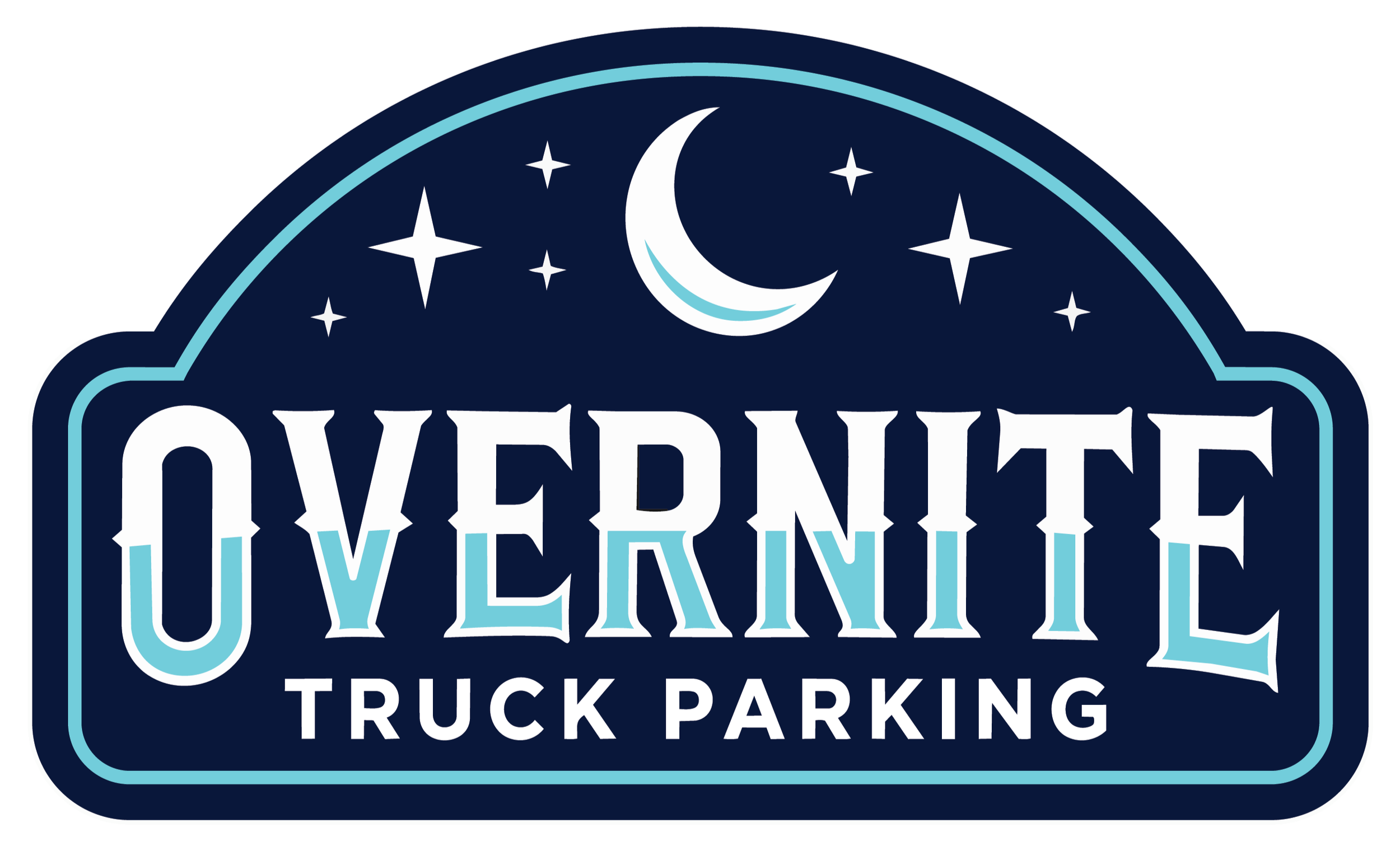 Overlap-style sign with a crescent moon and stars on a dark blue background, indicating 'OVERNITE TRUCK PARKING' in light blue and white text.