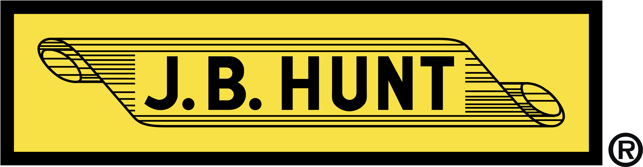 Yellow sign with black outline of a rolled paper scroll, displaying the text "J. B. HUNT" in bold black letters.
