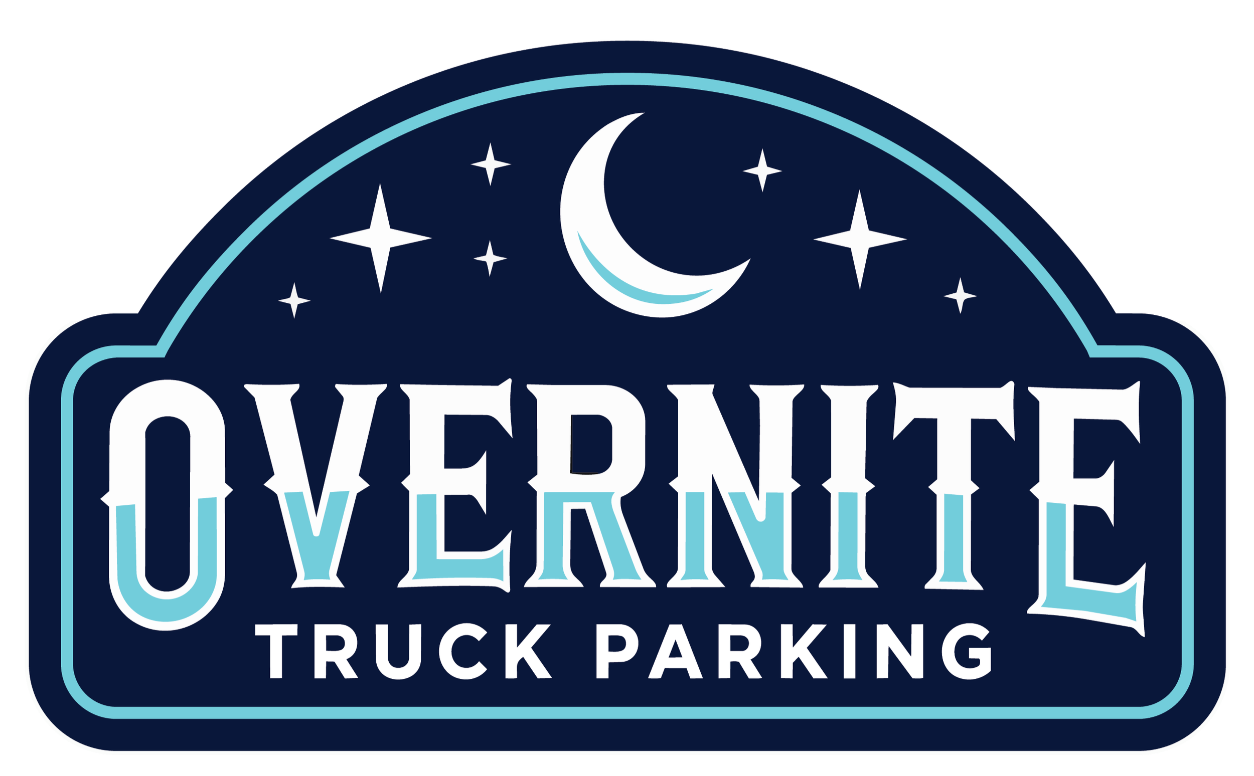 Sign with a dark blue background, showing a white crescent moon and stars, with the words 'Overnight Truck Parking' in light blue and white letters.