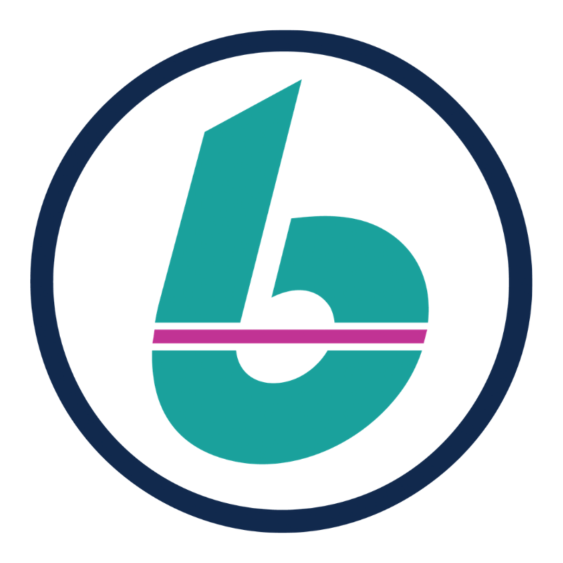 A circular logo featuring a stylized teal letter B with pink ahorizontal stripe across the middle.