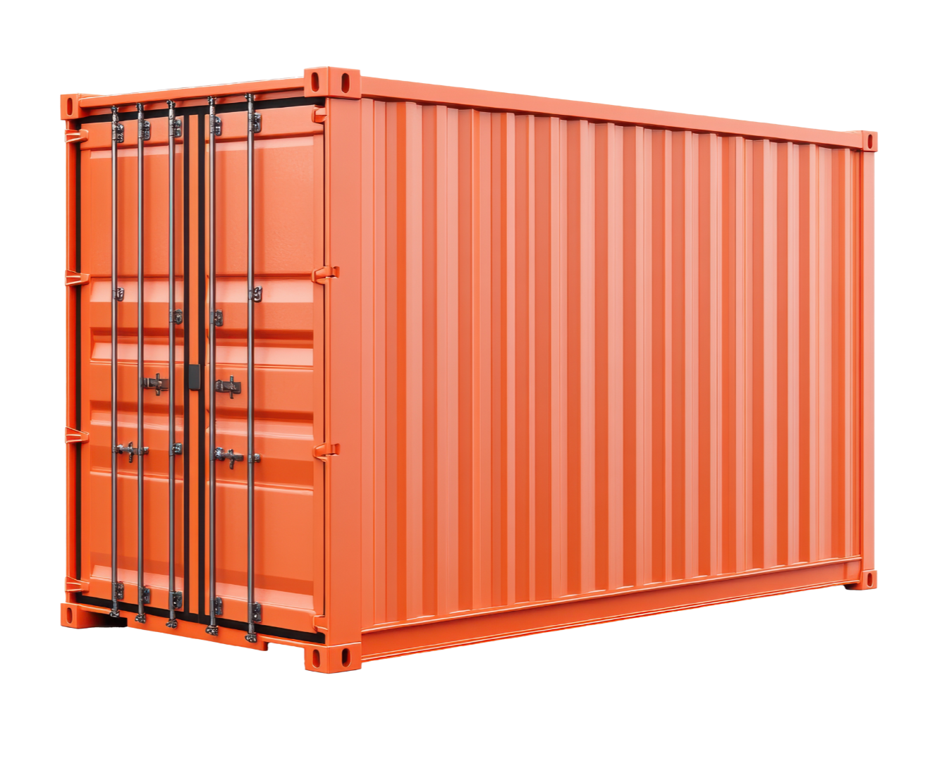 Orange shipping container with double doors and black locking bars.