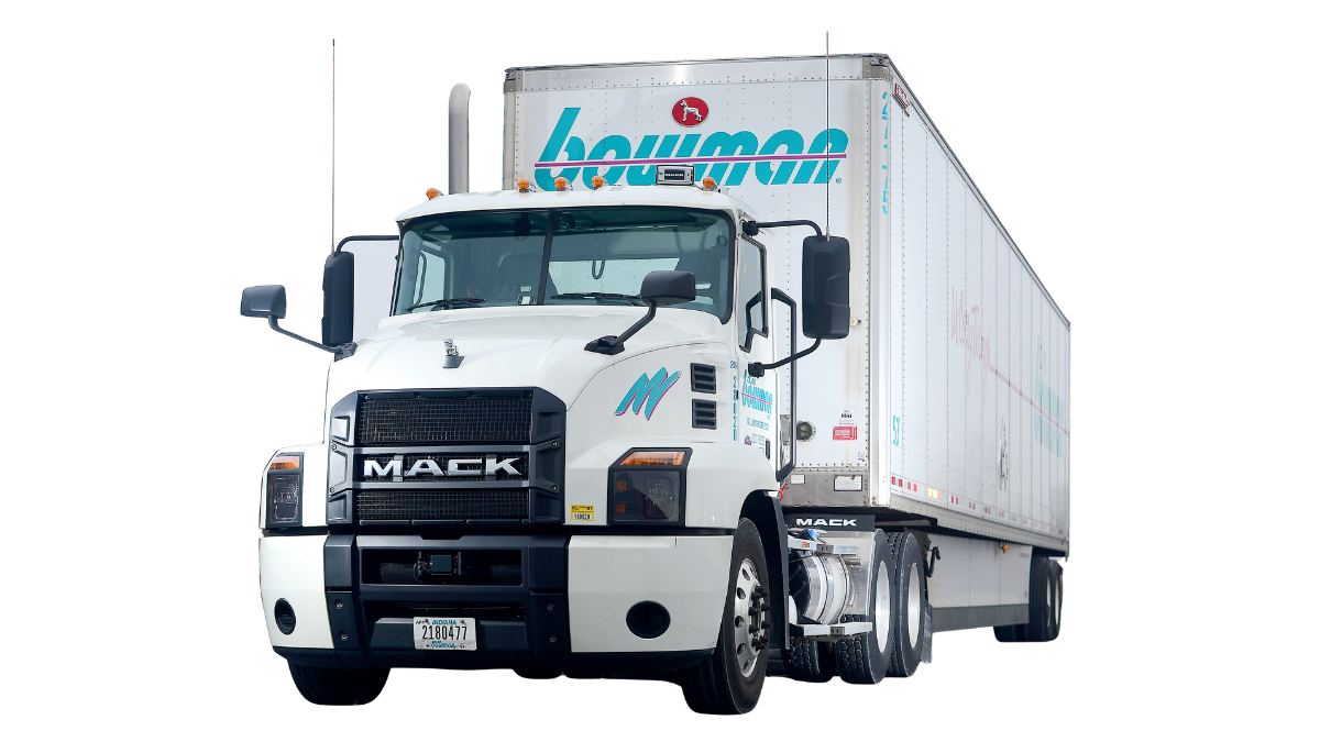 A white Mack semi-truck with a large refrigerated trailer, displaying the Houwon logo in blue and purple, parked against a plain black background.