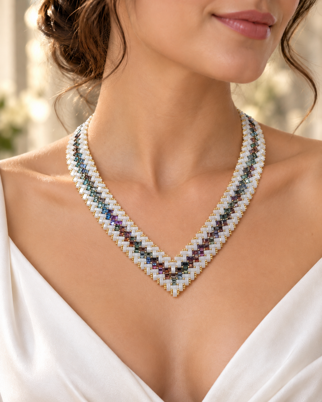 Collier tissé irisé sur décolleté élégant.png
