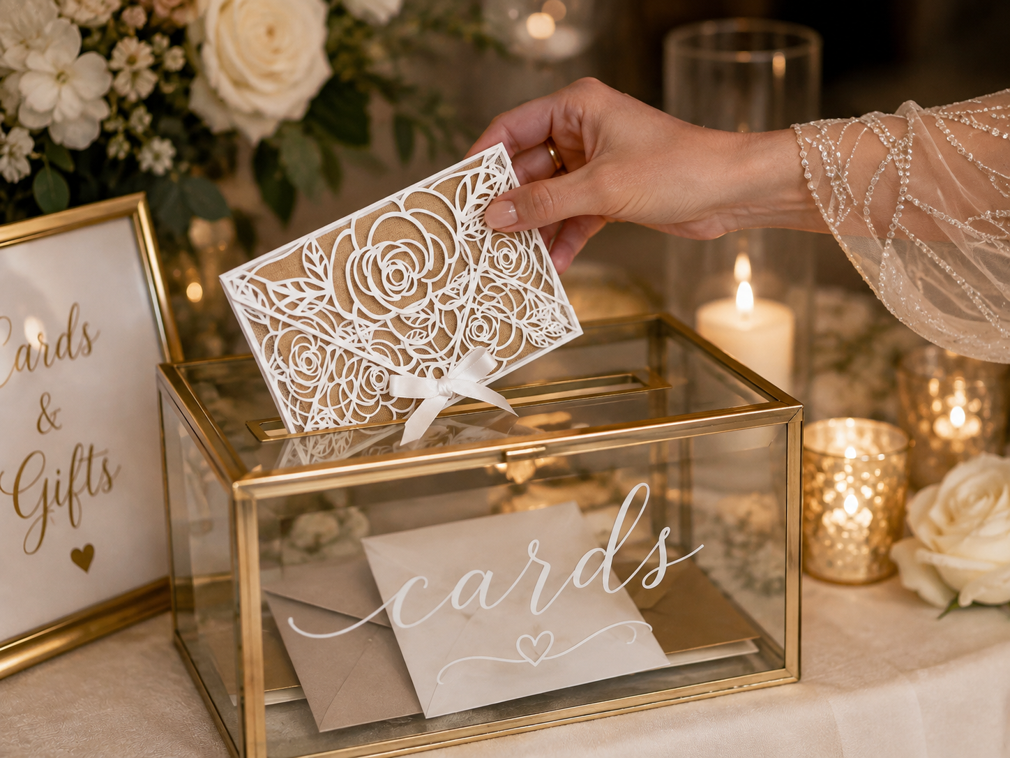 Floral Rose Wedding Card Envelope, Keepsake Holder, 3D Printed Fabric Inlay