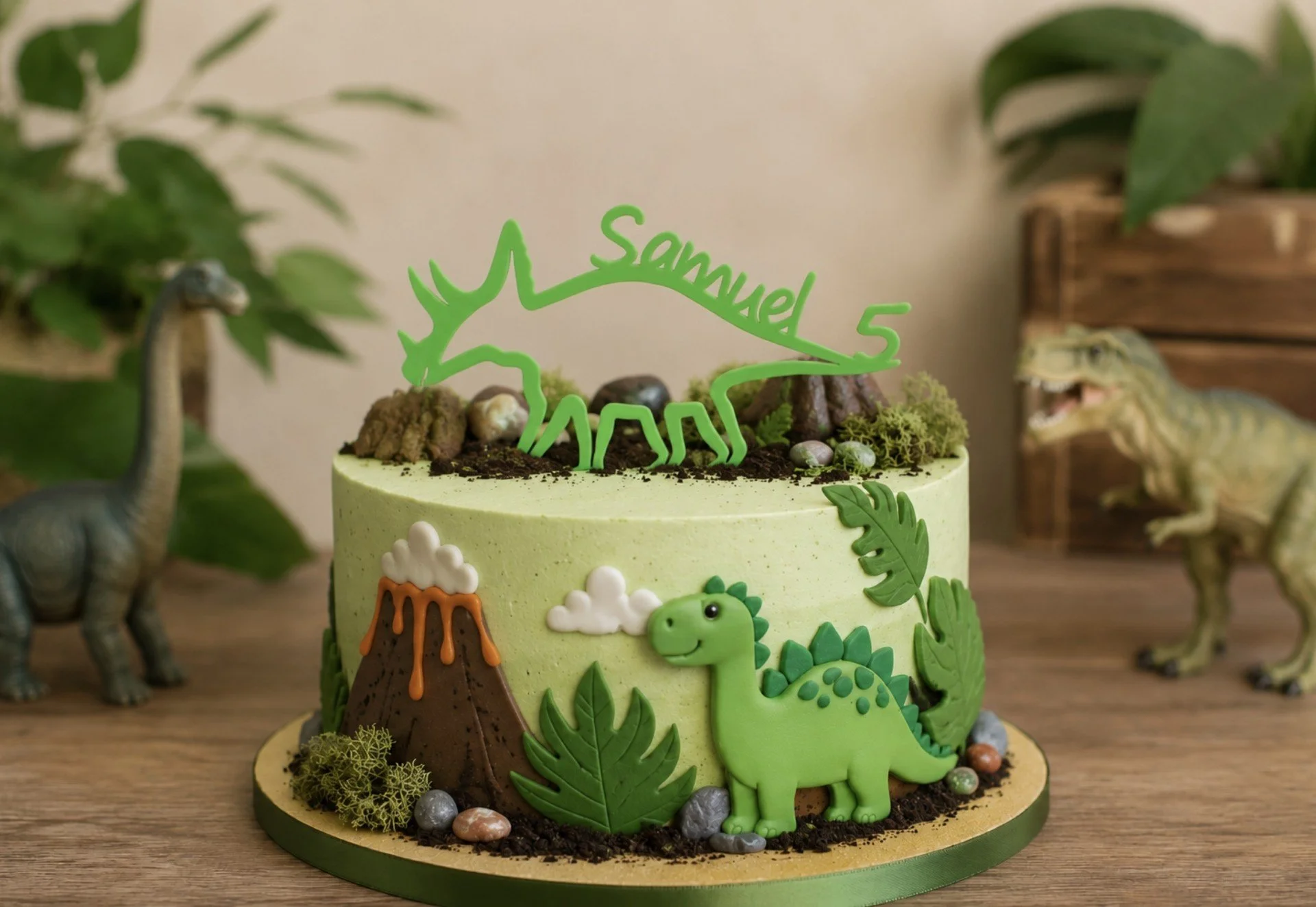 Decorative dinosaur-themed cake with a green color scheme, featuring a dinosaur caketopper, volcano, and trees, and surrounded by dinosaur toys and plants.