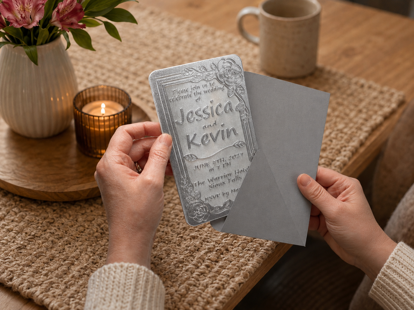 3D Printed Fabric Inlay Wedding Invitations, Custom Floral Wedding Keepsake Cards (Set of 10)