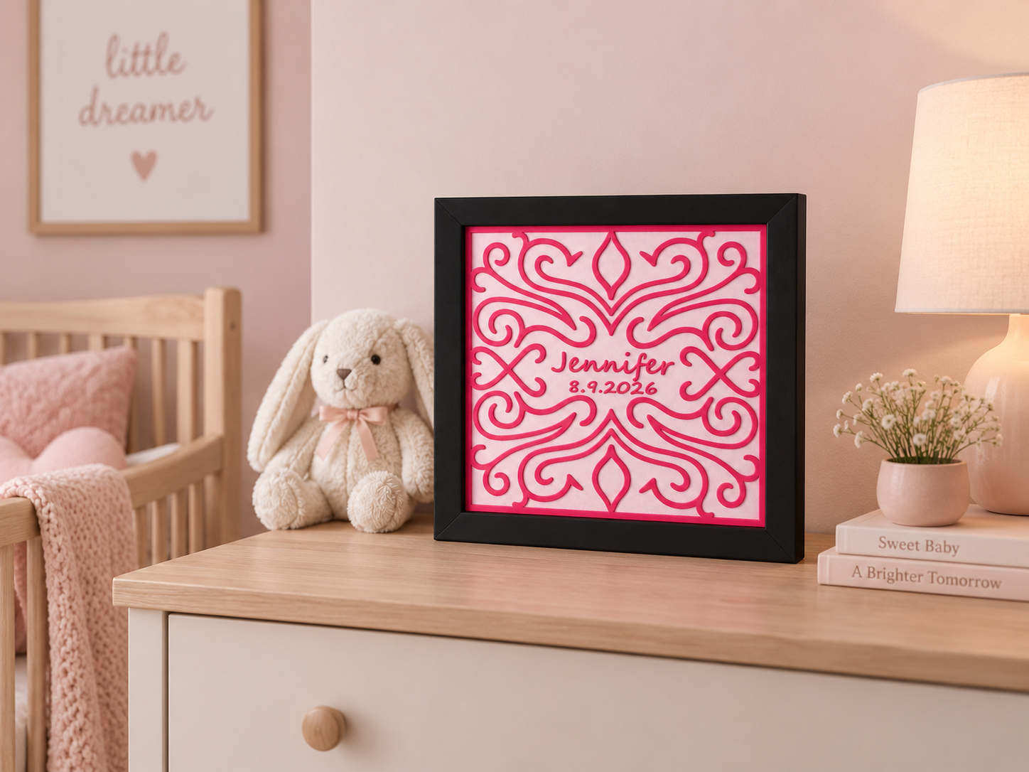 Personalized 3D Printed Fabric Nursery Art, Custom Baby Name Keepsake (Framed)