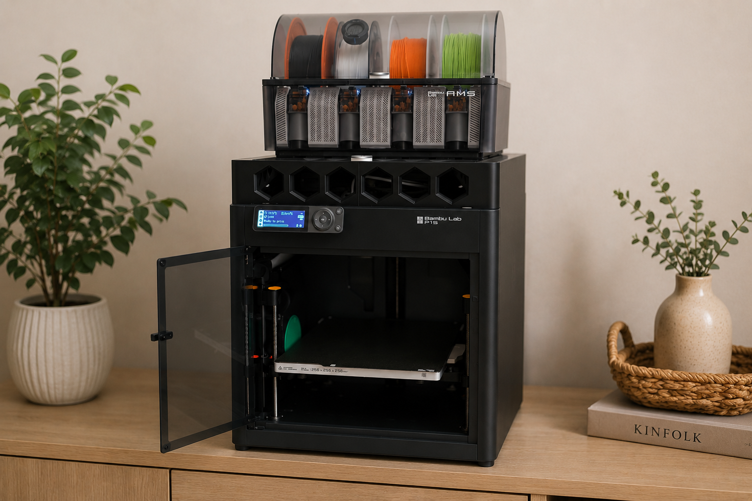 A Bambu Lab 3D printer with spool holders on top and an open front door, placed on a wooden surface next to potted plants and a book.