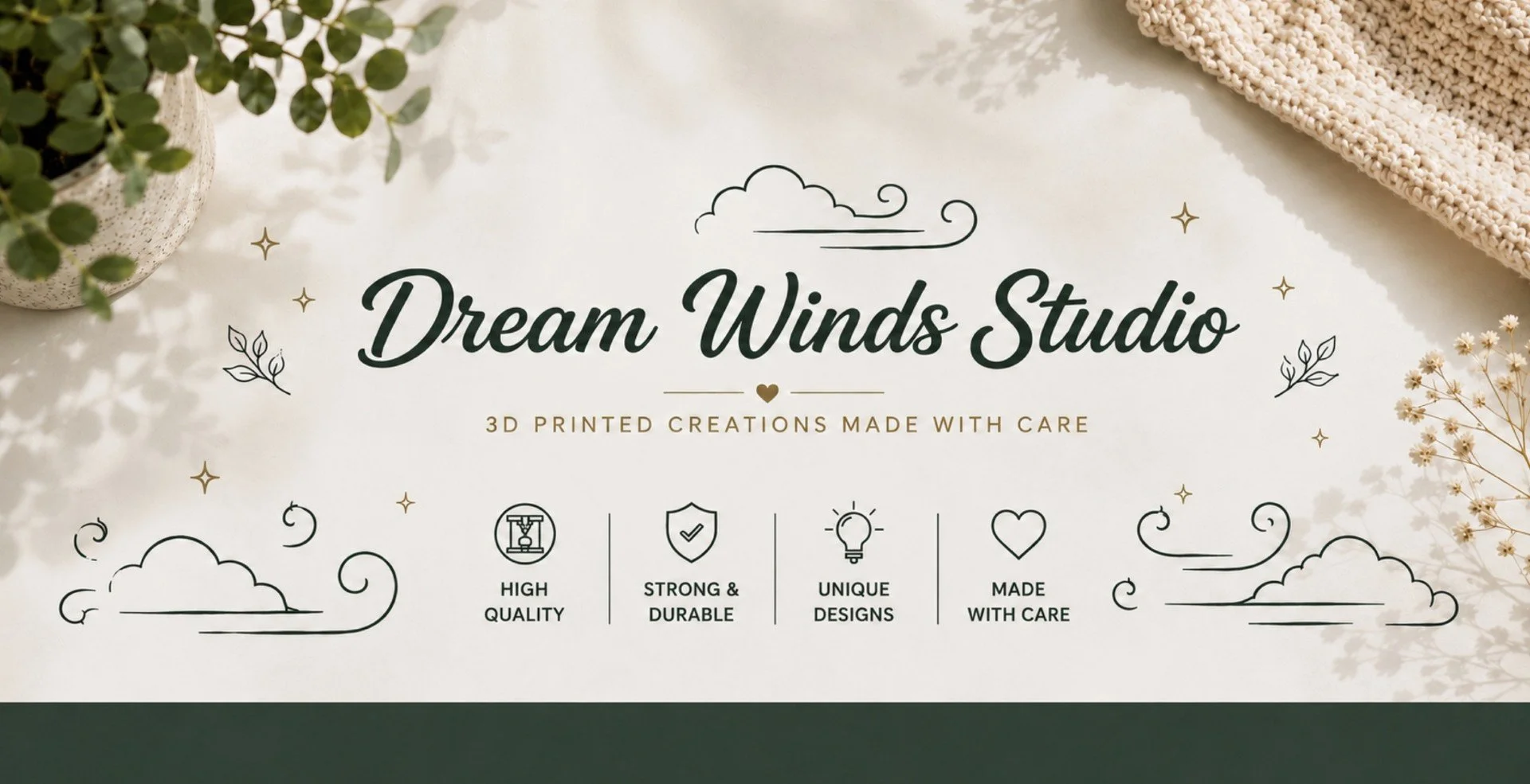 A promotional poster for Dream Winds Studio featuring floral decorations and icons. It highlights high quality, durability, unique designs, and care in production.