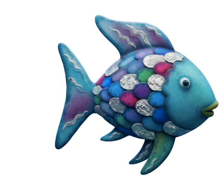 Colorful fish-shaped object with a blue body, multicolored scales, large eye, and a yellow beak.