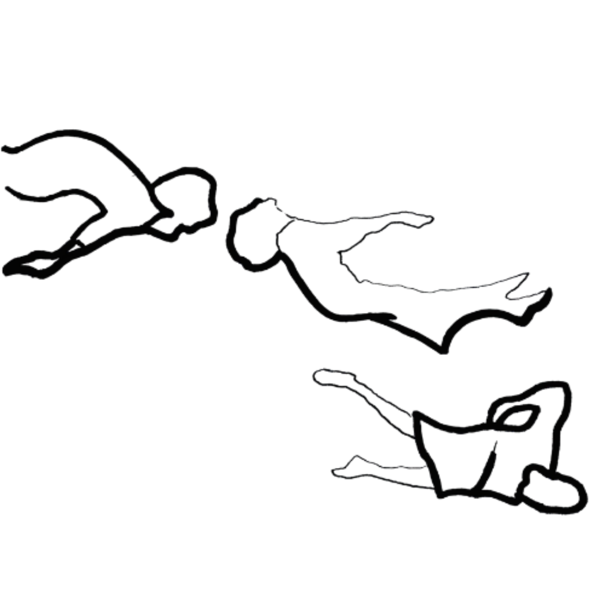 A  black line drawing of a person falling or dancing or swimming thorugh the air.