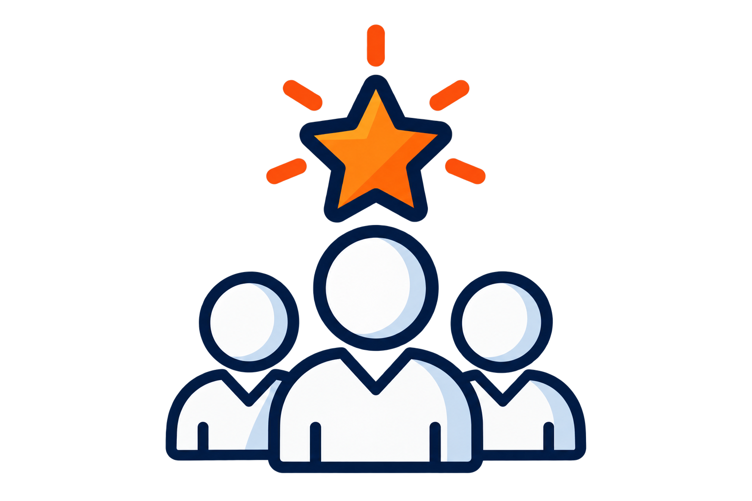 Illustration of a group of four white human icons with a white star above them, indicating achievement or recognition, set against a dark background.