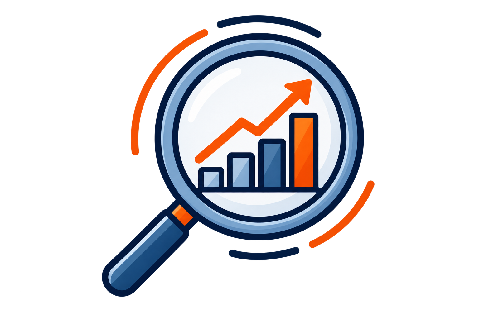A magnifying glass shows a bar graph with increasing orange and blue bars and an upward trending orange arrow.