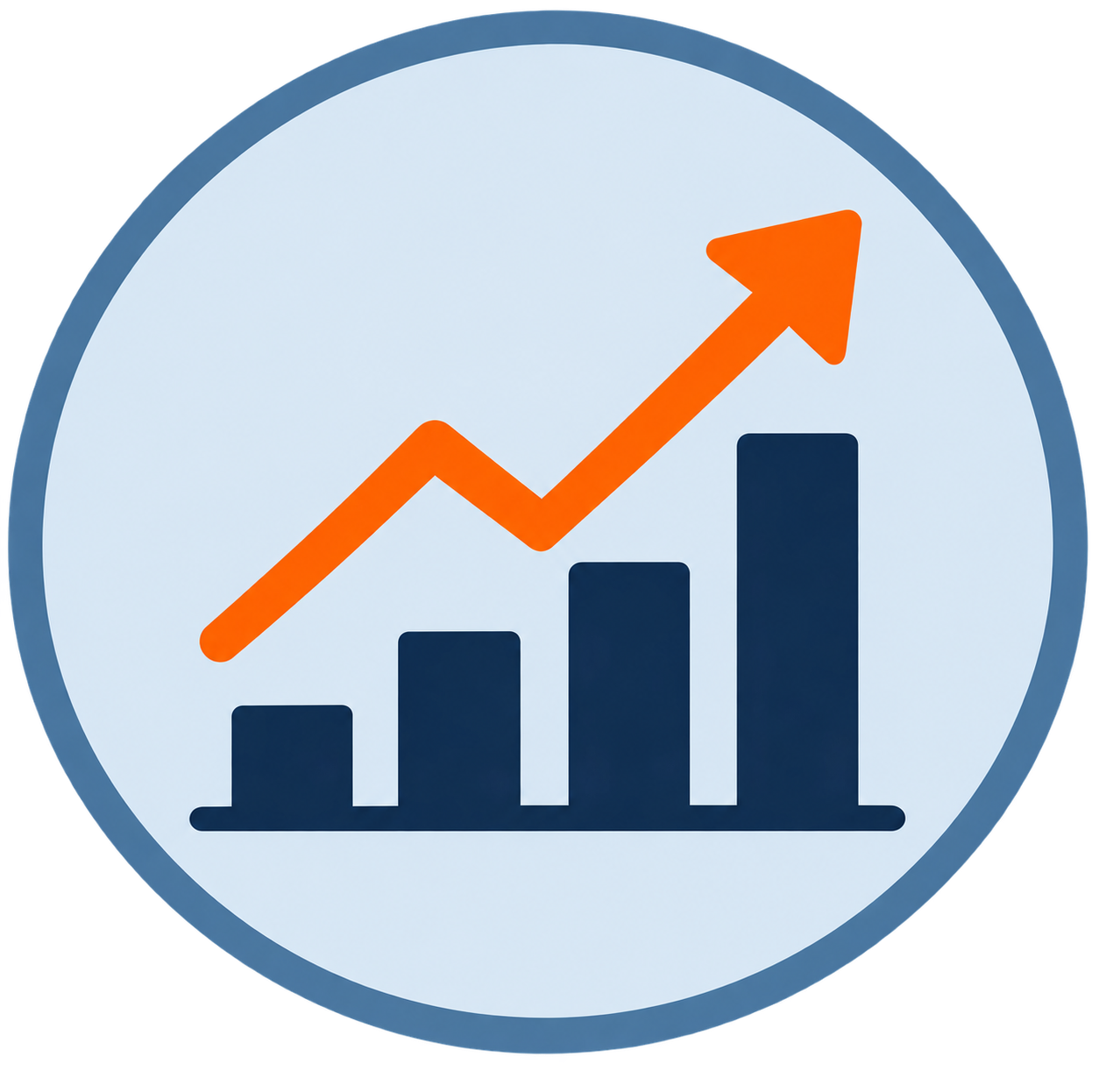 A circular icon with a bar chart and an upward trending orange arrow indicating growth or success.