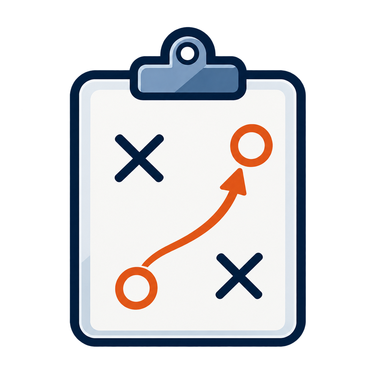Illustration of a strategy or game plan with X and O symbols on a clipboard, with a curved arrow showing movement from an O to an X.