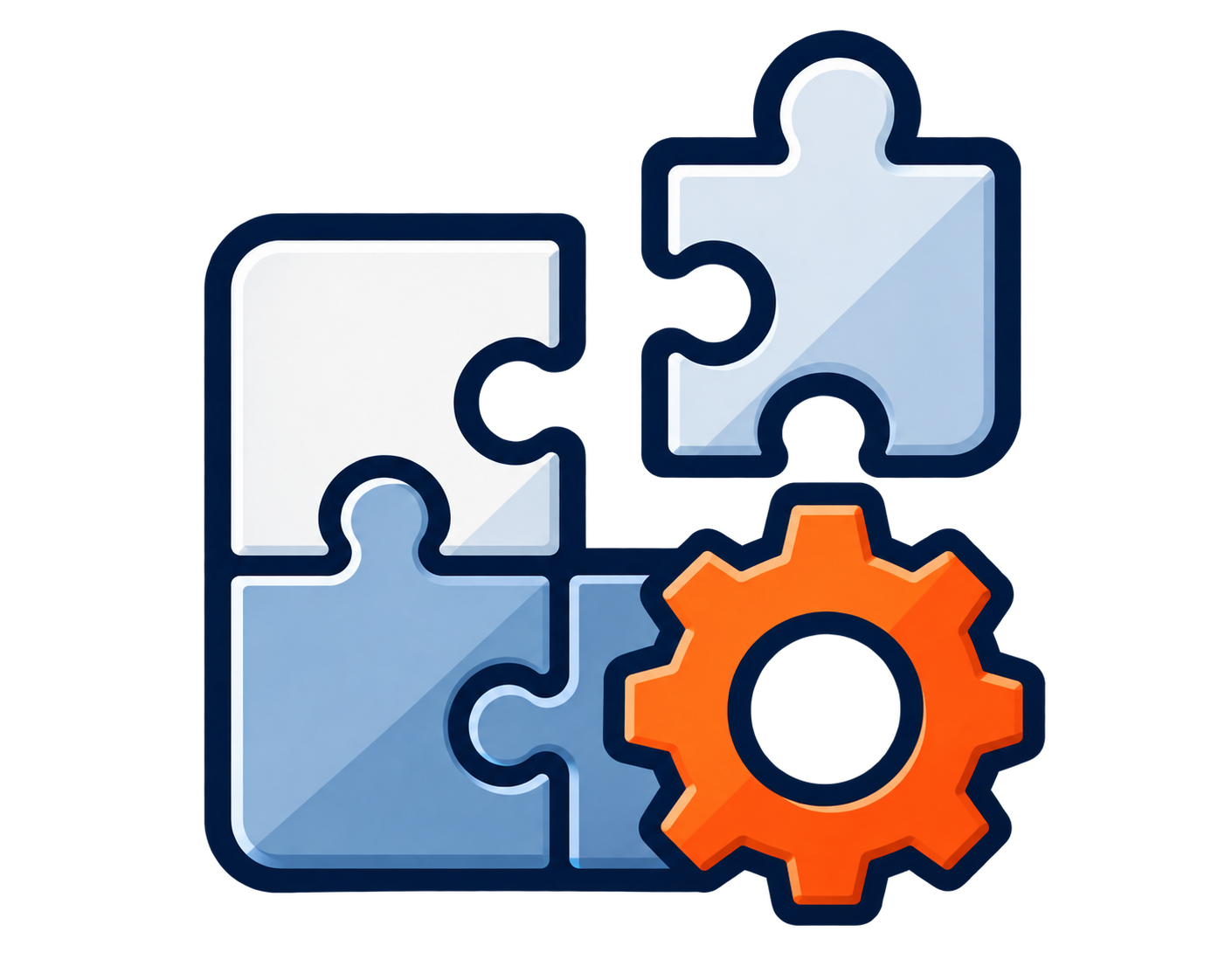 Four puzzle pieces and a gear icon, representing puzzle solving and configuration or integration.
