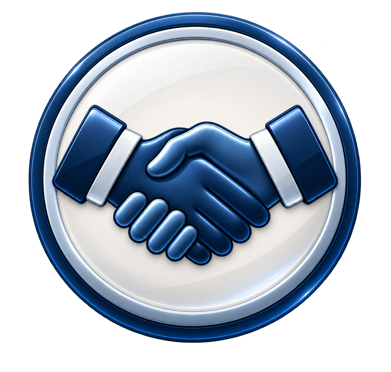 A circular icon with a handshake symbol in the center, representing partnership or agreement.