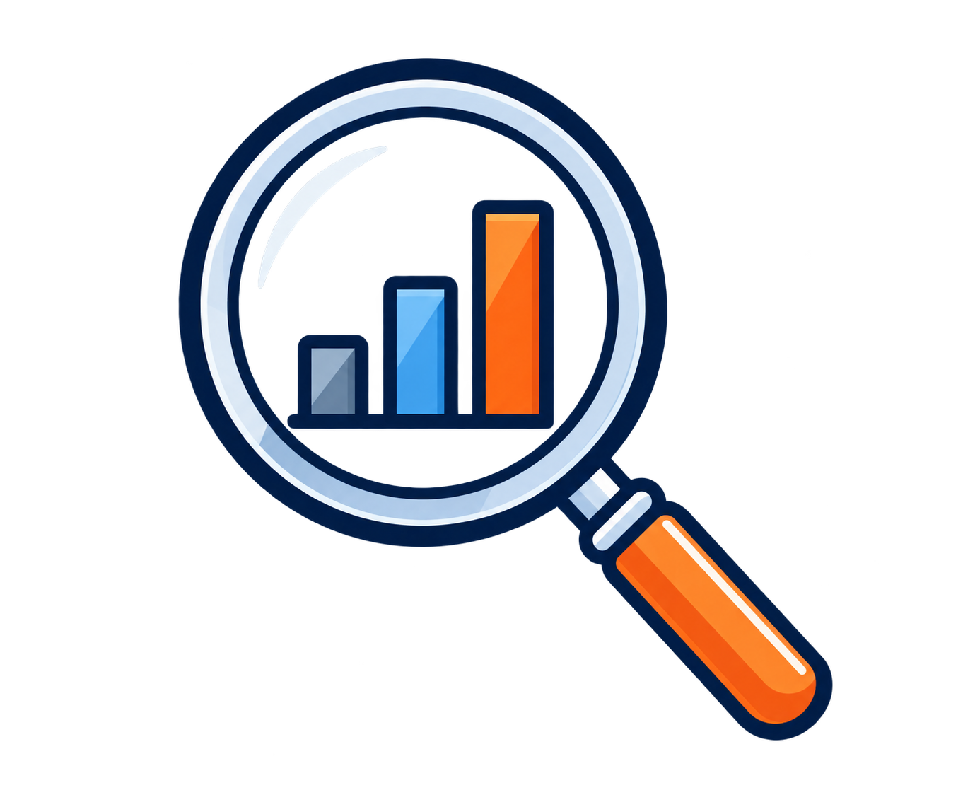 Magnifying glass examining a bar graph with three ascending bars in different colors.