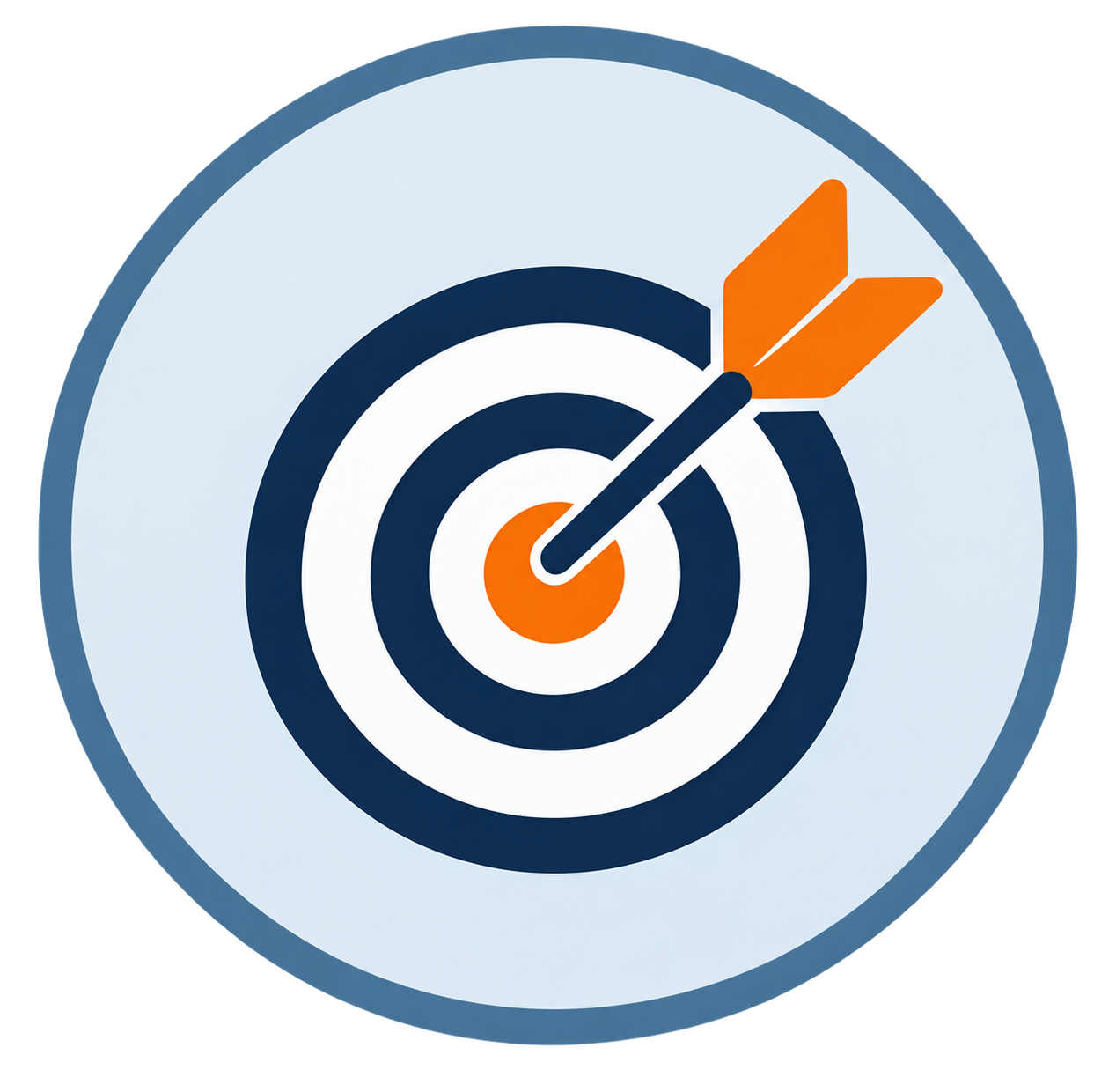 A target with concentric circles in black and white and an orange bullseye, with an orange arrow hitting the center.