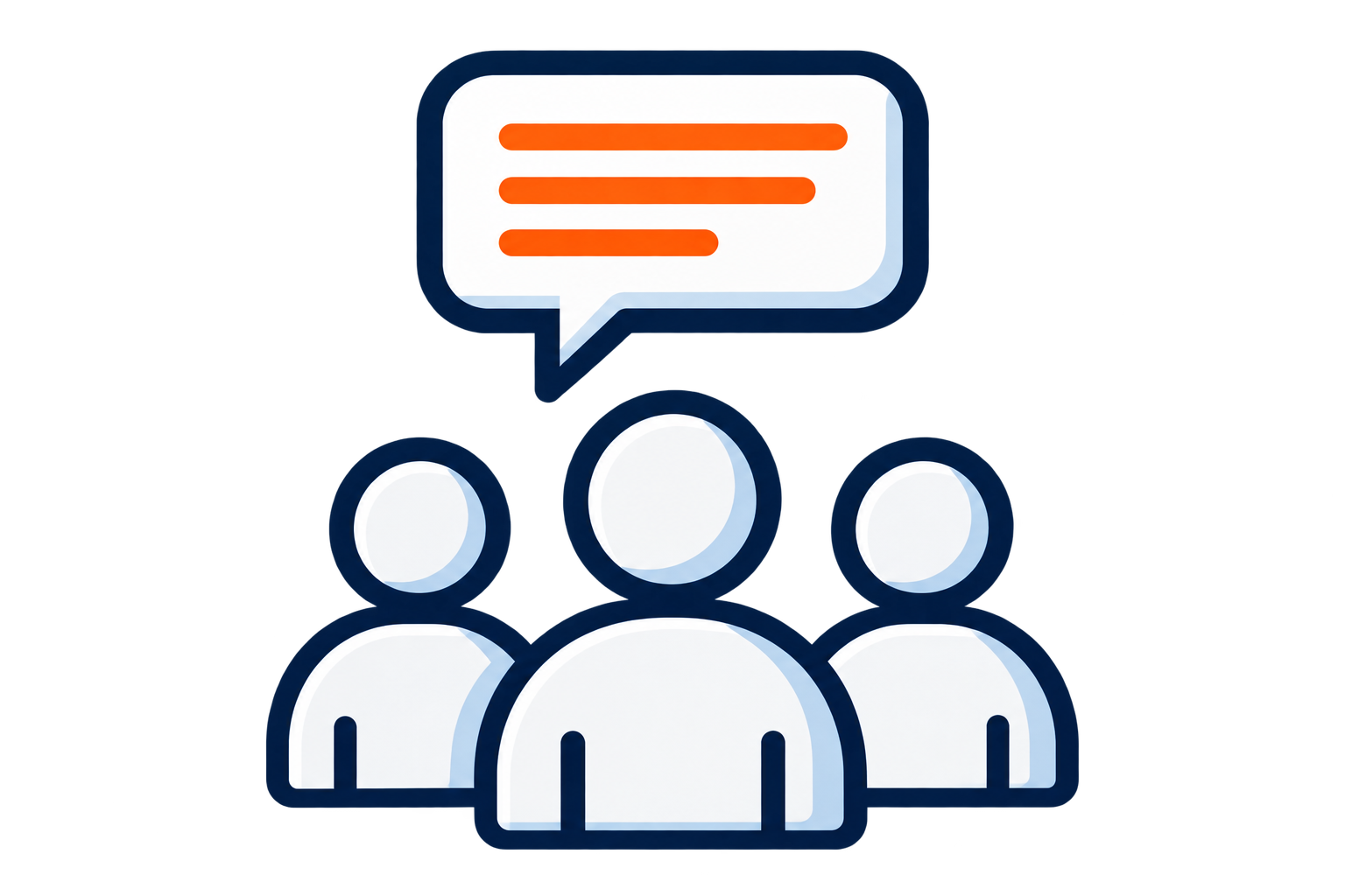 Illustration of three people with a speech bubble above them containing orange lines representing text, symbolizing communication or discussion.