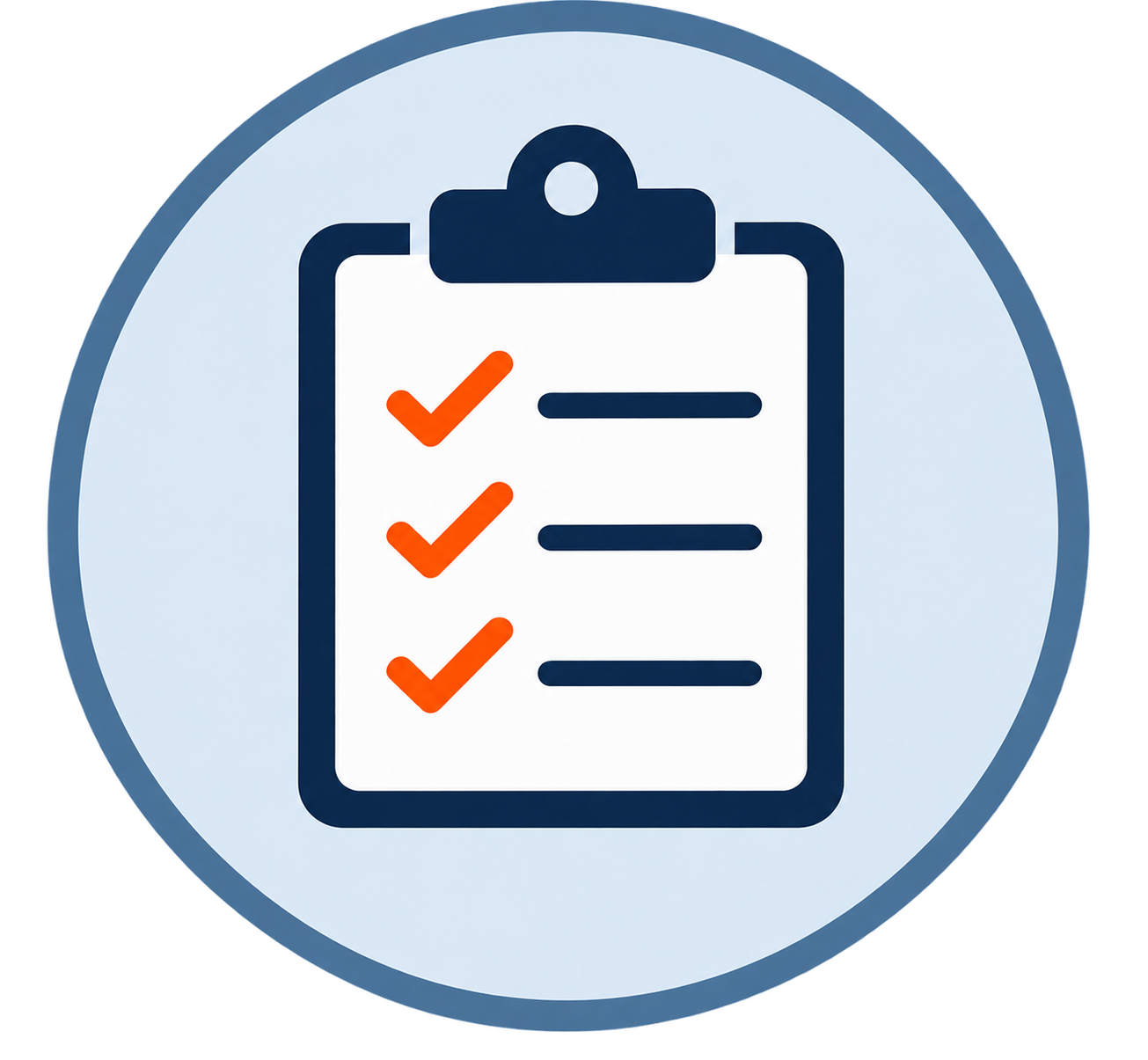 An icon of a checklist on a clipboard with three orange checkmarks next to three horizontal lines.