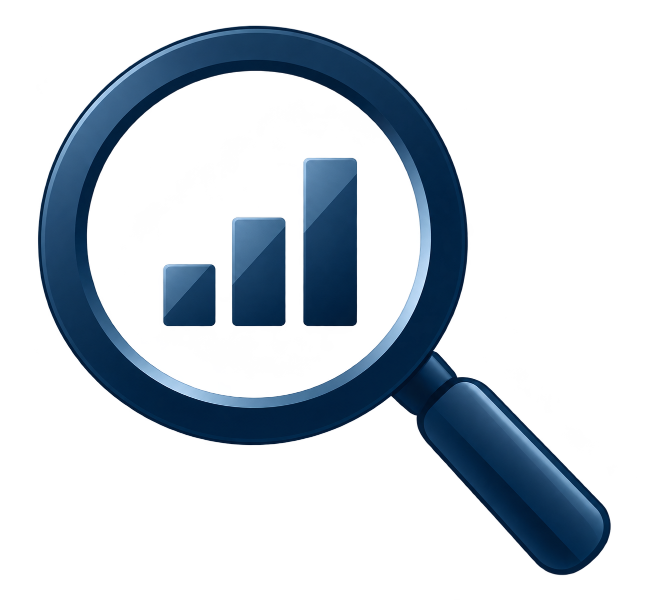 Magnifying glass with a bar graph inside it, representing data analysis or growth.