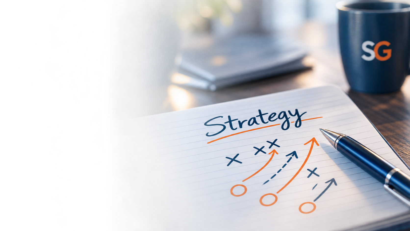 A notebook with the word "Strategy" written on it, surrounded by hand-drawn arrows and X's showing a plan or game strategy, next to a black ballpoint pen, on a wooden desk with a blue mug and closed planner in the background.