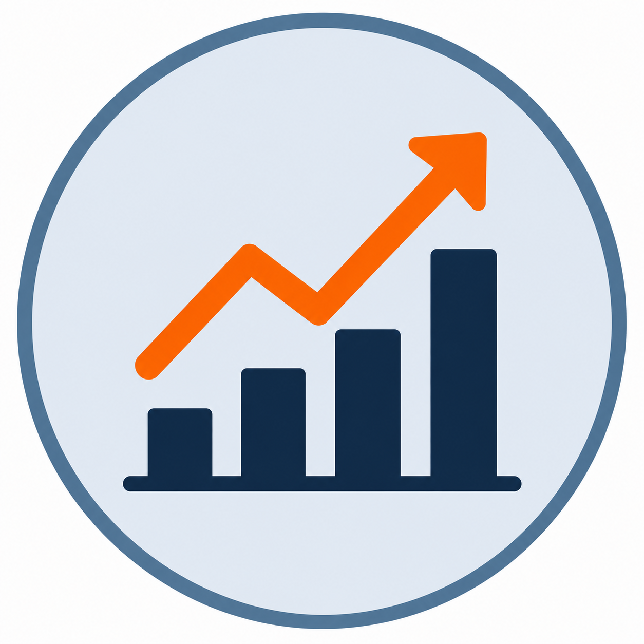 A bar graph with four bars increasing in height from left to right, overlaid with an orange upward trending arrow, representing growth or success.