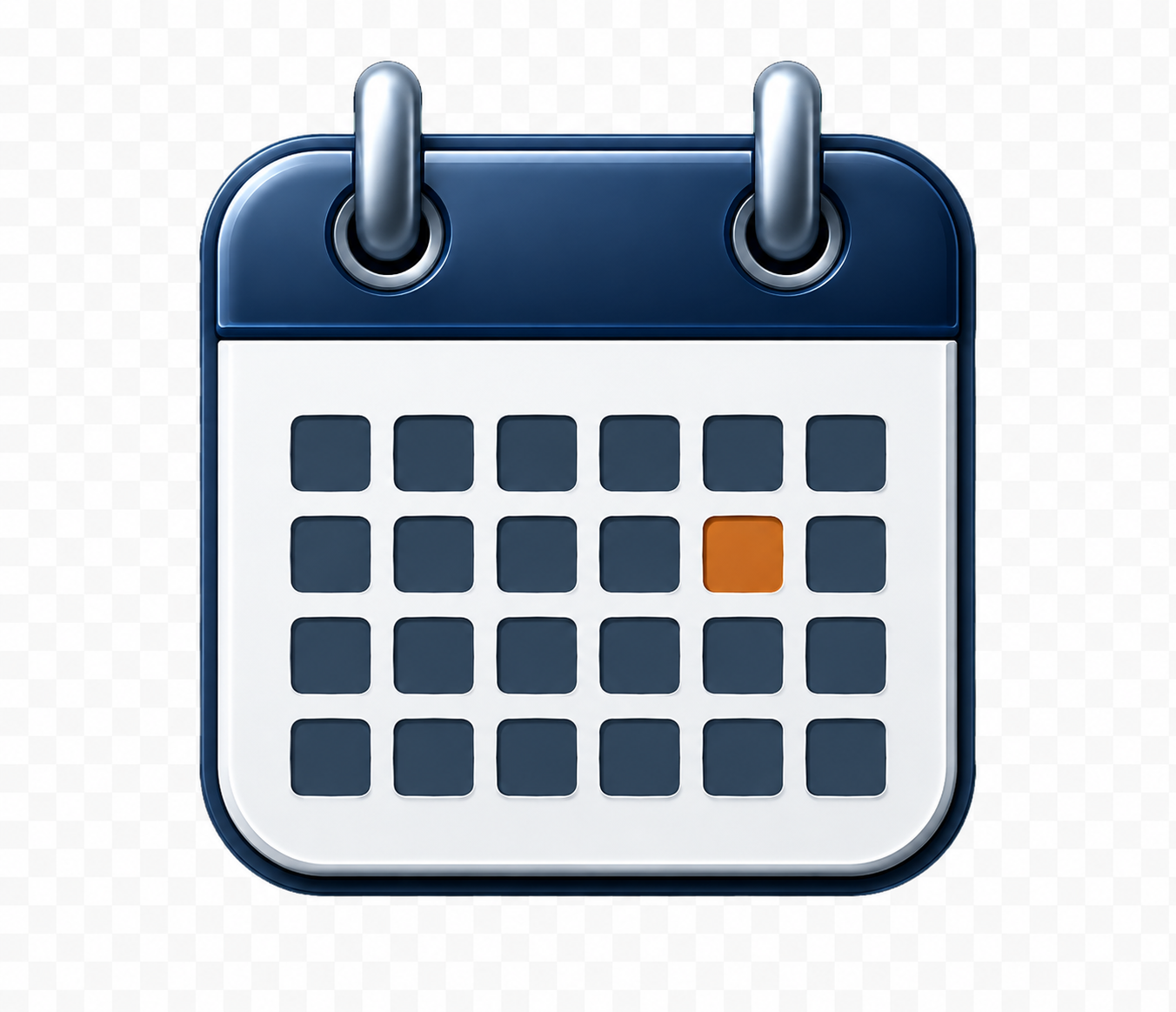 Stylized digital illustration of a calendar with a blue top and white grid, featuring a single orange date box.