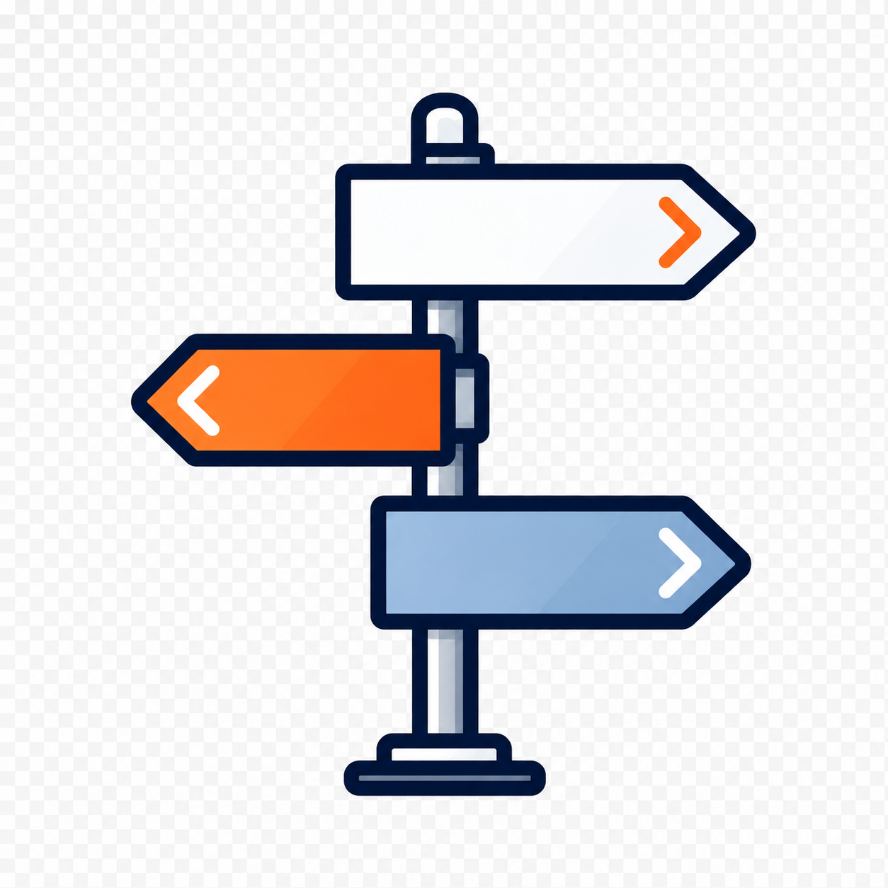 A digital illustration of a signpost with three directional arrows pointing left, right, and straight ahead; the left arrow is orange, the top and bottom arrows are white and blue respectively.