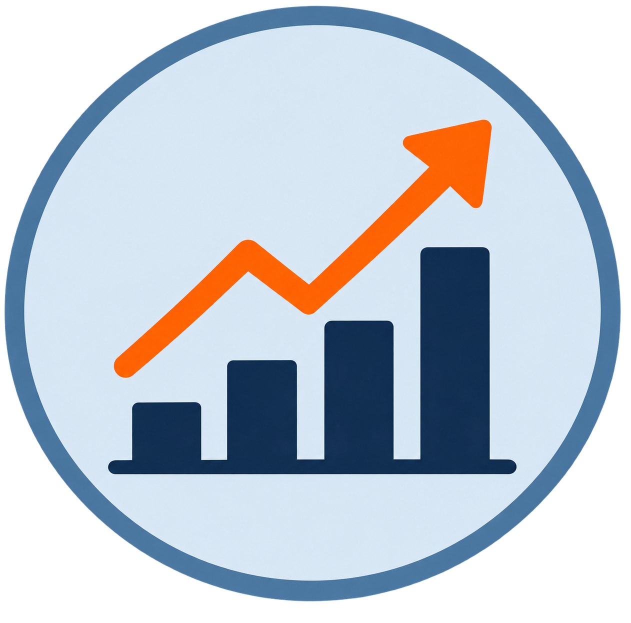 Graph with increasing bars and an upward trending orange line, symbolizing growth or success.
