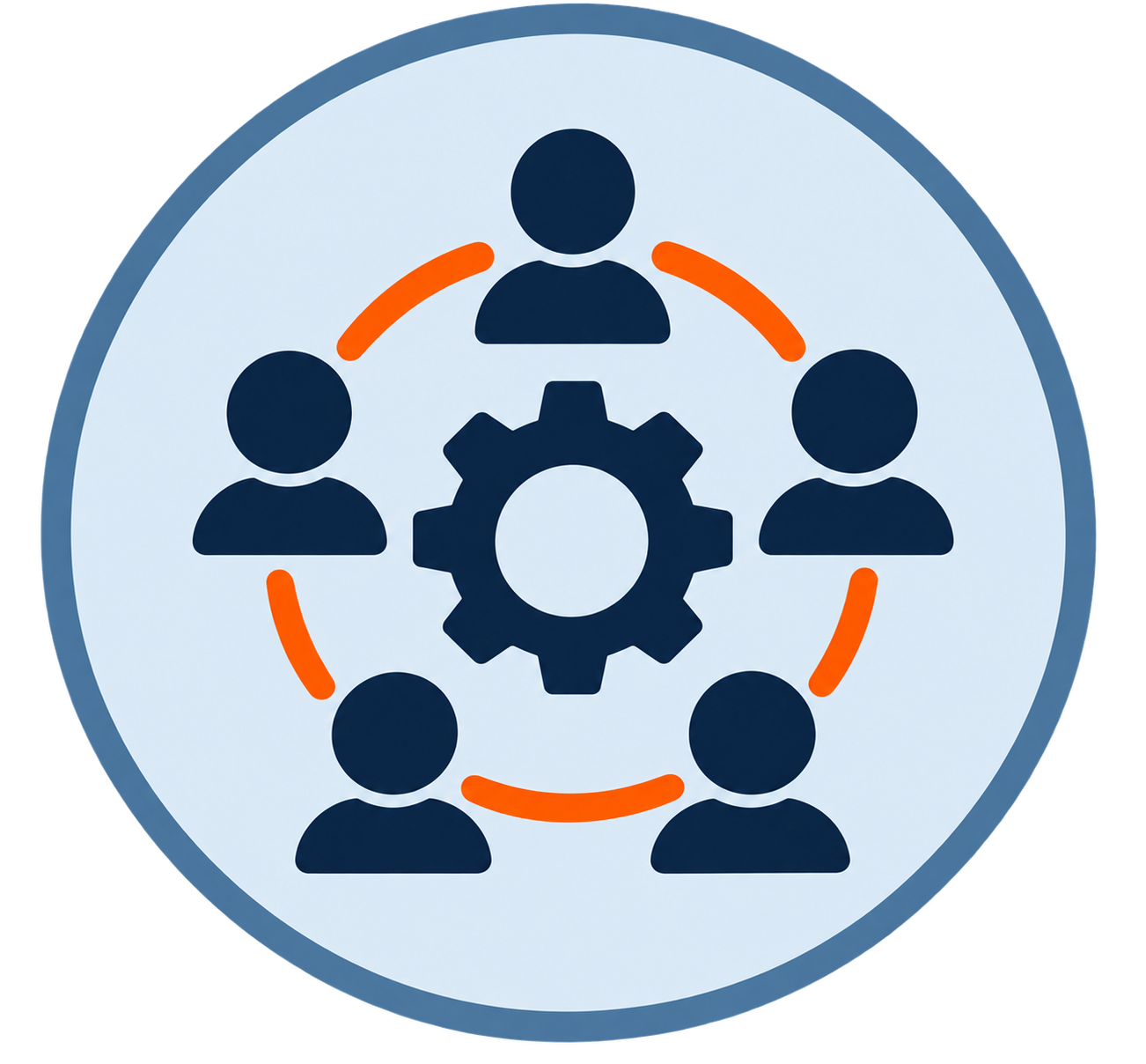 Icon depicting a team collaboration with five people connected around a gear, symbolizing teamwork and process management.